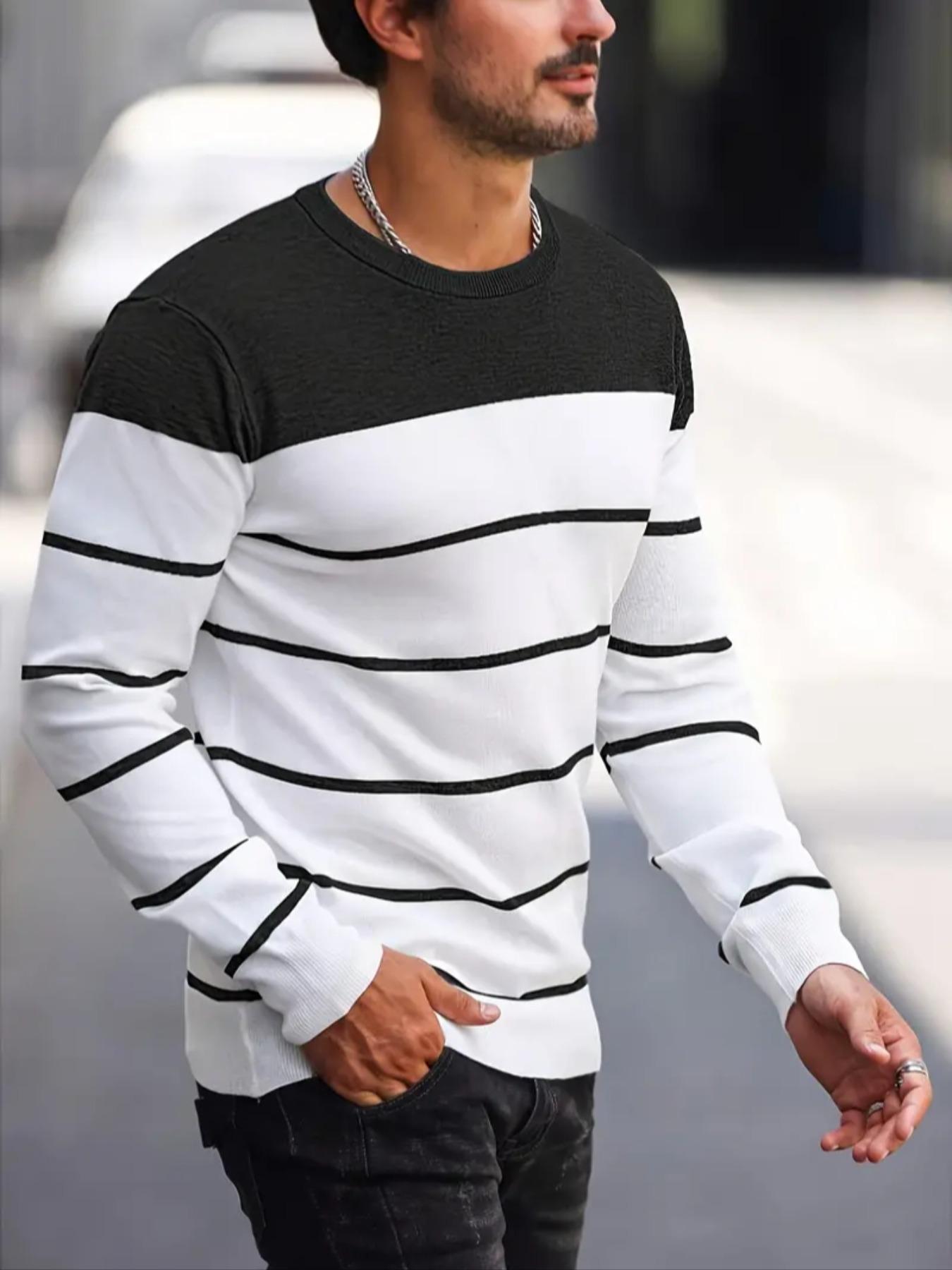 

Autumn/Winter Striped Color Block Men s Knitwear - Long Sleeve Round Neck Casual Sweater XL чёрный