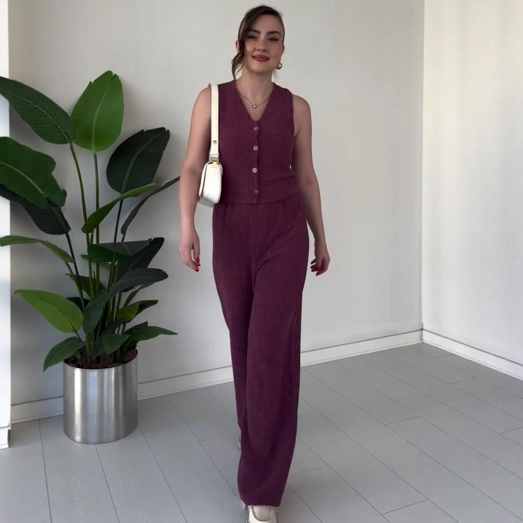 2025 summer European and American women's clothing cross-border comfortable casual versatile commuter sleeveless button top pants two-piece set