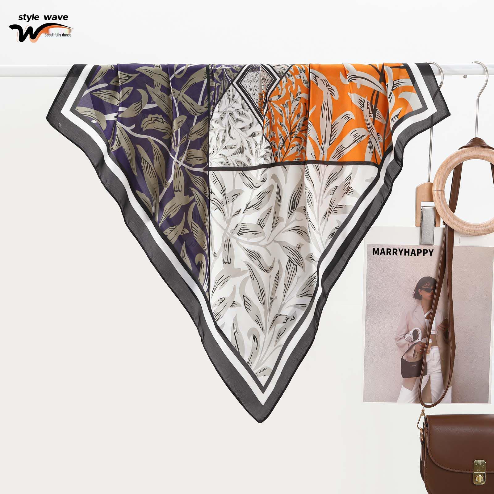 

Korean Style Printed Leaves Imitation Silk Square Scarf for Women - Summer Sun Protection and Neck Accessory 70*70CM