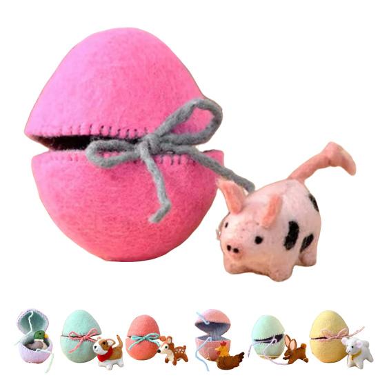 Easter Egg Ornament with Hidden Felt Animal Toy Handmade Lace-up Egg with Animal Inside Desktop Decoration Easter Holiday Party Favors