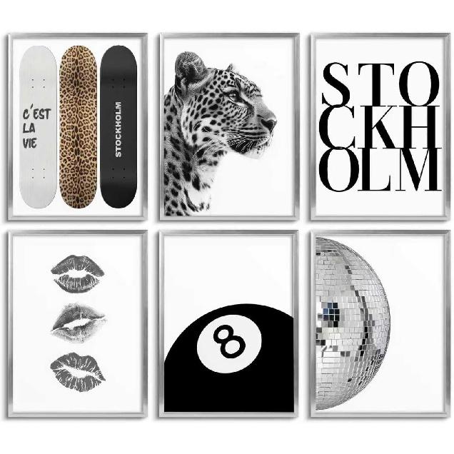 Fashion Trendy Leopard Wall Art Set of 6 Stockholm Preppy Room Painting Picture Wall Decor Black White Aesthetic Cheetah Poster Print Artwork for