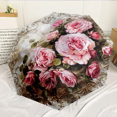 Floral Elegance In Pink Roses 8-Frame for Travel, Camping, Casual Lightweight Portable Umbrella, Essential for Every Family Holidays Birthday Gift
