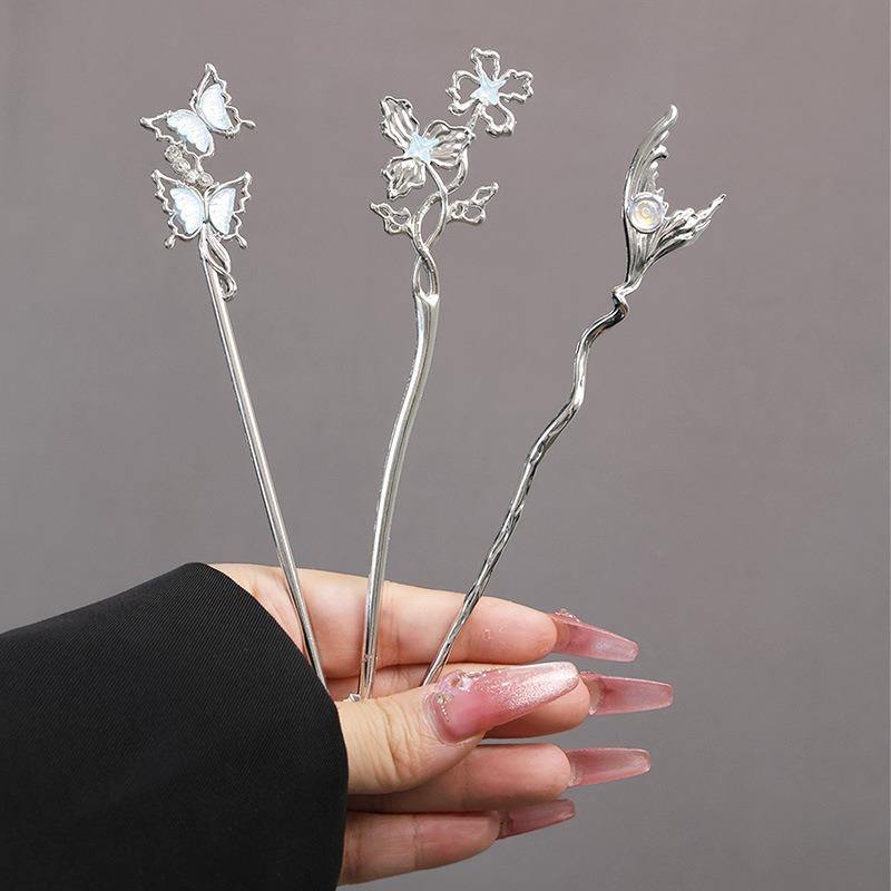 New Chinese Style Moonstone Women's Alloy Hairpin with Ancient Style Butterfly Tail Liquid Metal Advanced Fashion Headwear