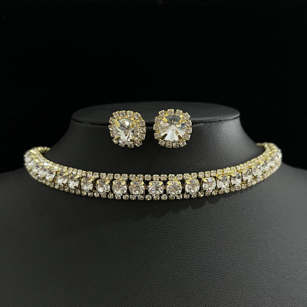 New Diamond-encrusted Square Set Necklace Earrings Light Luxury Collarbone Chain Internet Celebrity Temperament Dress Neck Chain Neck Decoration