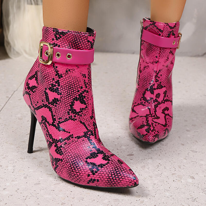 Sexy Hot Pink Super High Heel Boots Women 2025 Autumn Metal Belt Buckle Ankle Booties Serpentine Nightclub Shoes