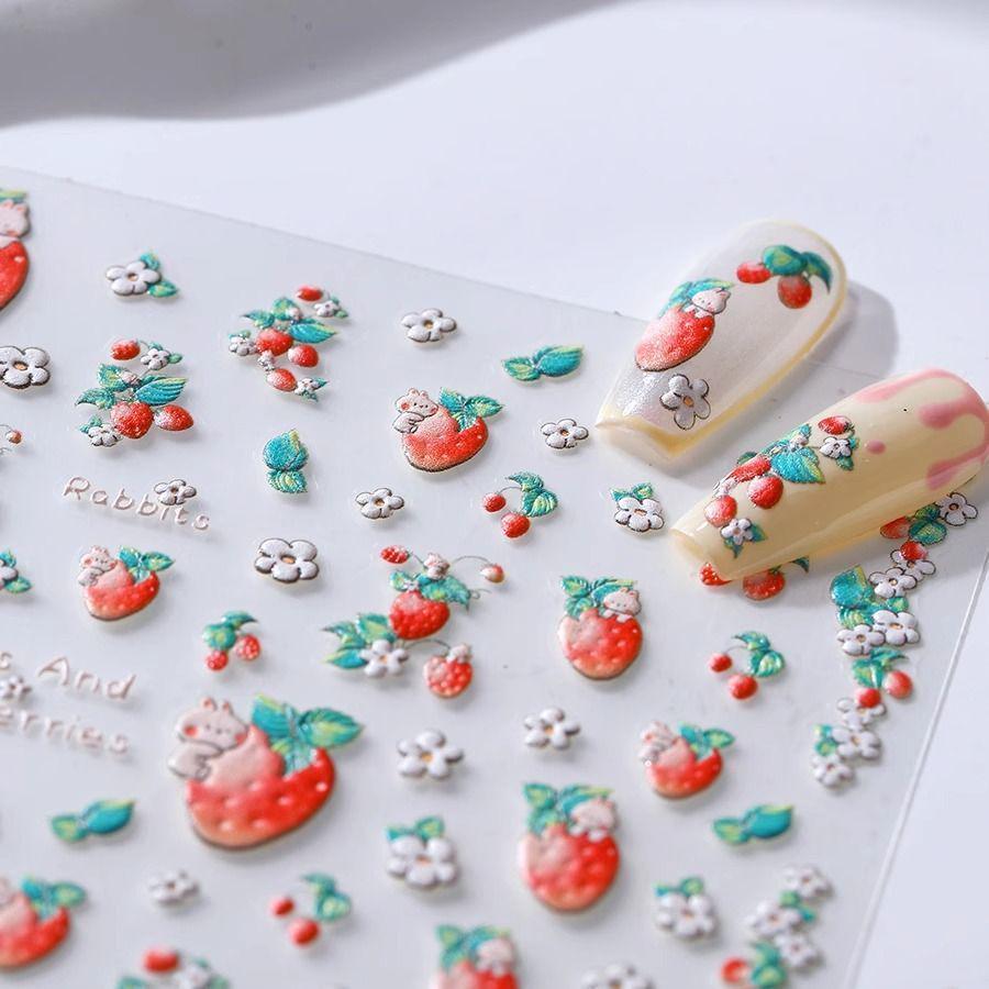 3D Frosted Strawberry Nail Art Stickers - Self-Adhesive DIY Decoration