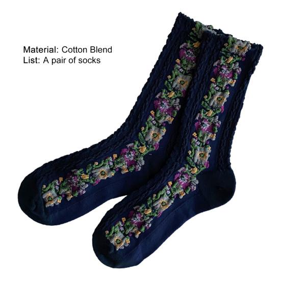 1 par middels lange, varme sokker til kvinner, med blomstermønster og etnisk trykk, crew socks for høst og vinter
