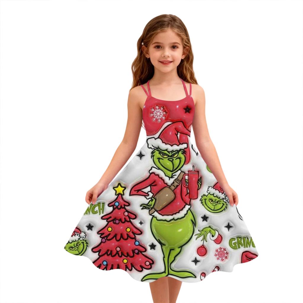 Children's Fashion Casual Christmas Print Off-Shoulder Punk Vintage Dress