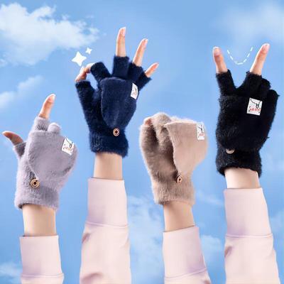 Autumn & Winter Plush Thickened Half-Finger Flip Cover Windproof Wool Gloves for Students