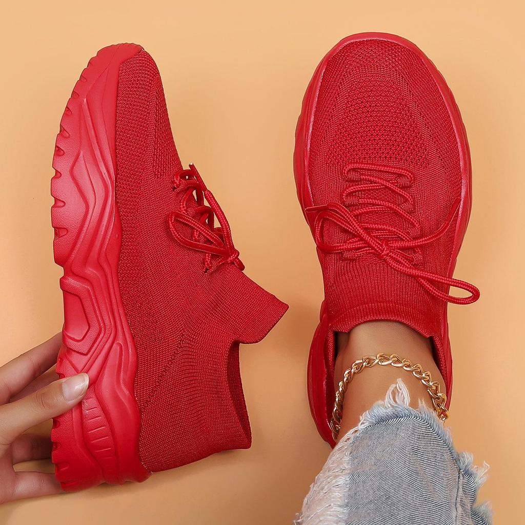 Fashion Red Sneakers Breathable Knitted Shoes For Women Lightweight Non-slip Platform Socks Shoes Tennis Thick Sole Shoes Spring