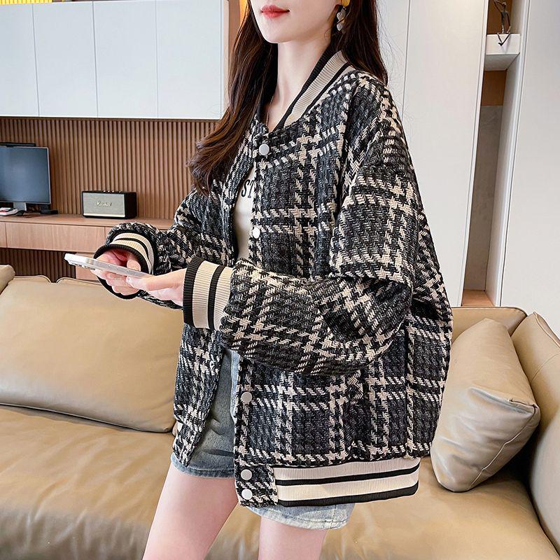 Plaid French Style Women s Retro Baseball Jacket - Loose, Casual, Plus Size for Spring & Autumn. M