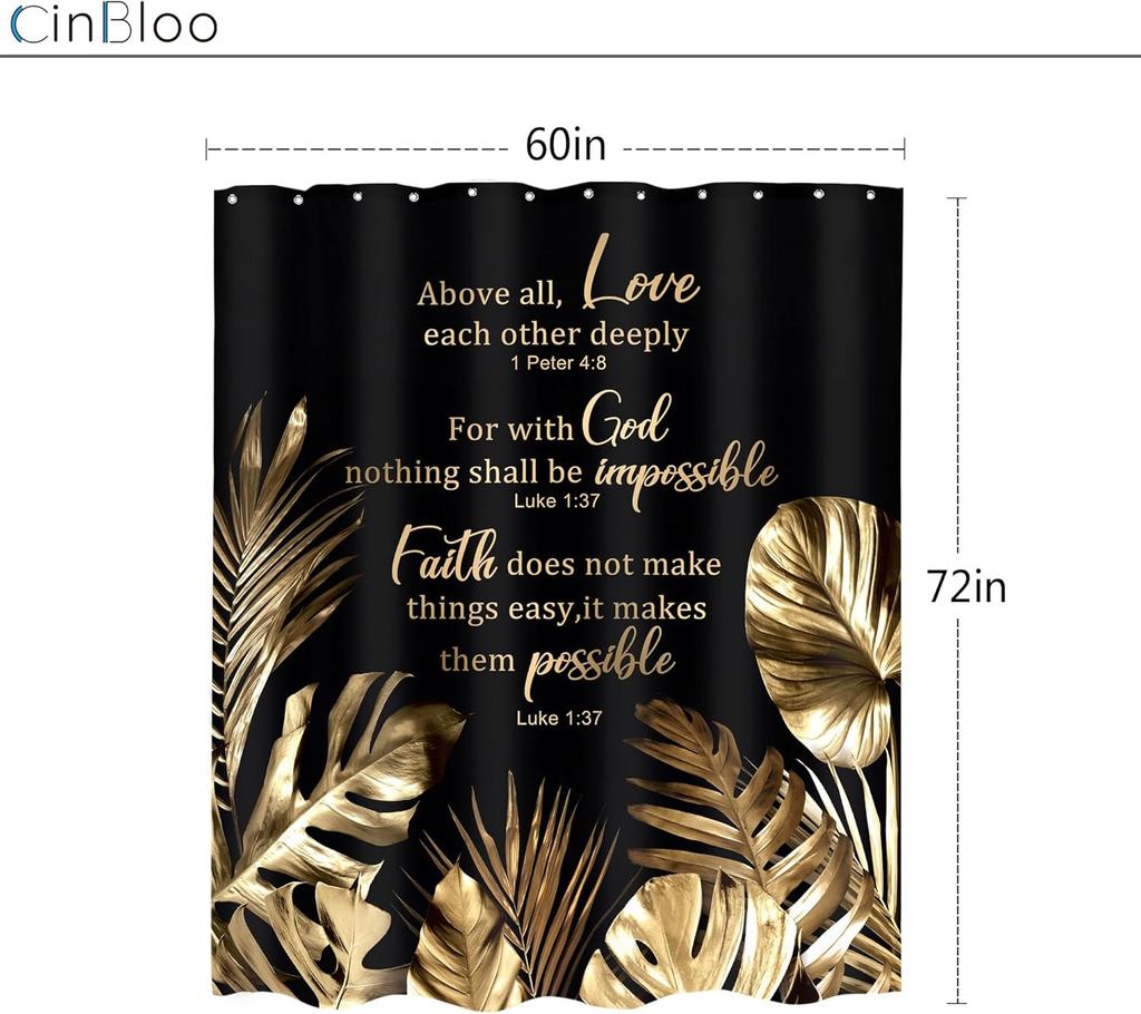 Black Gold Christian Shower Curtain, Tropical Palm Bible Verse Print, Modern Monstera Aesthetic With Hooks