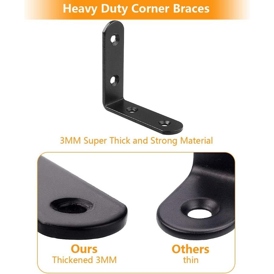 10Pack 65x65x20mm Black L Bracket, Stainless Steel 90° Heavy Duty Corner Brace Joint Fastener with Screws, Round End 4 Holes