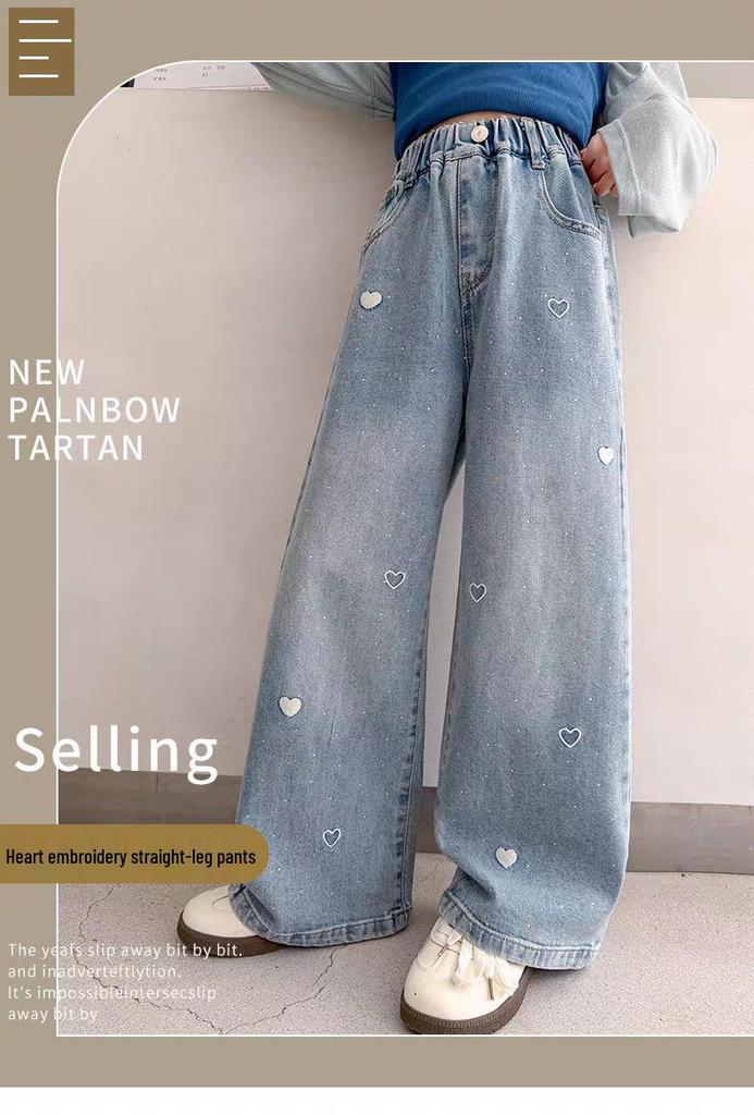 Girls' Rhinestone Denim Straight-Leg Pants - Stylish Spring Autumn Wide-Leg for Medium-Large Students (2026)