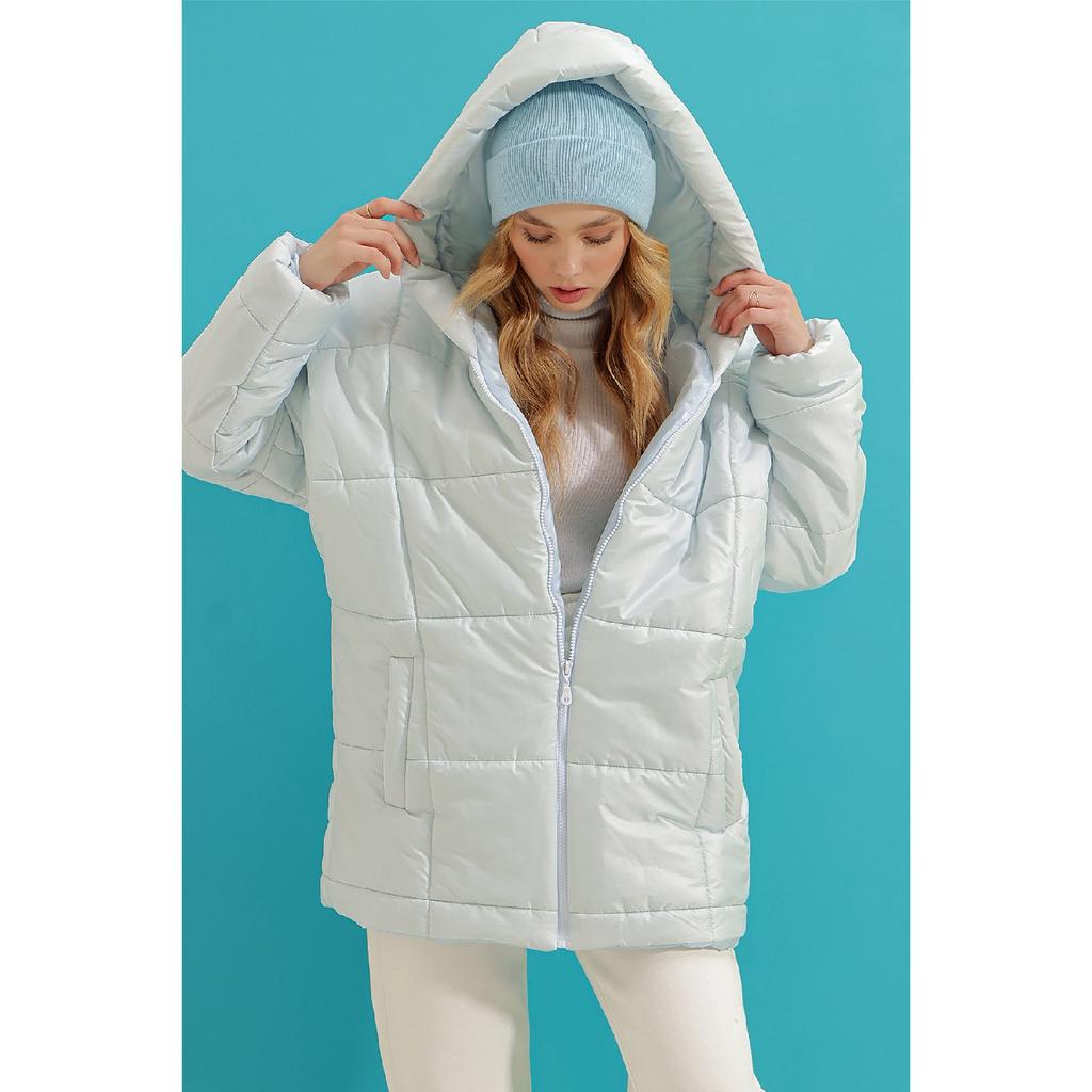 Damen-Puffermantel in Schwarz mit Kapuze, modischer Oversize-Puffermantel mit Außentasche Alc-x7365