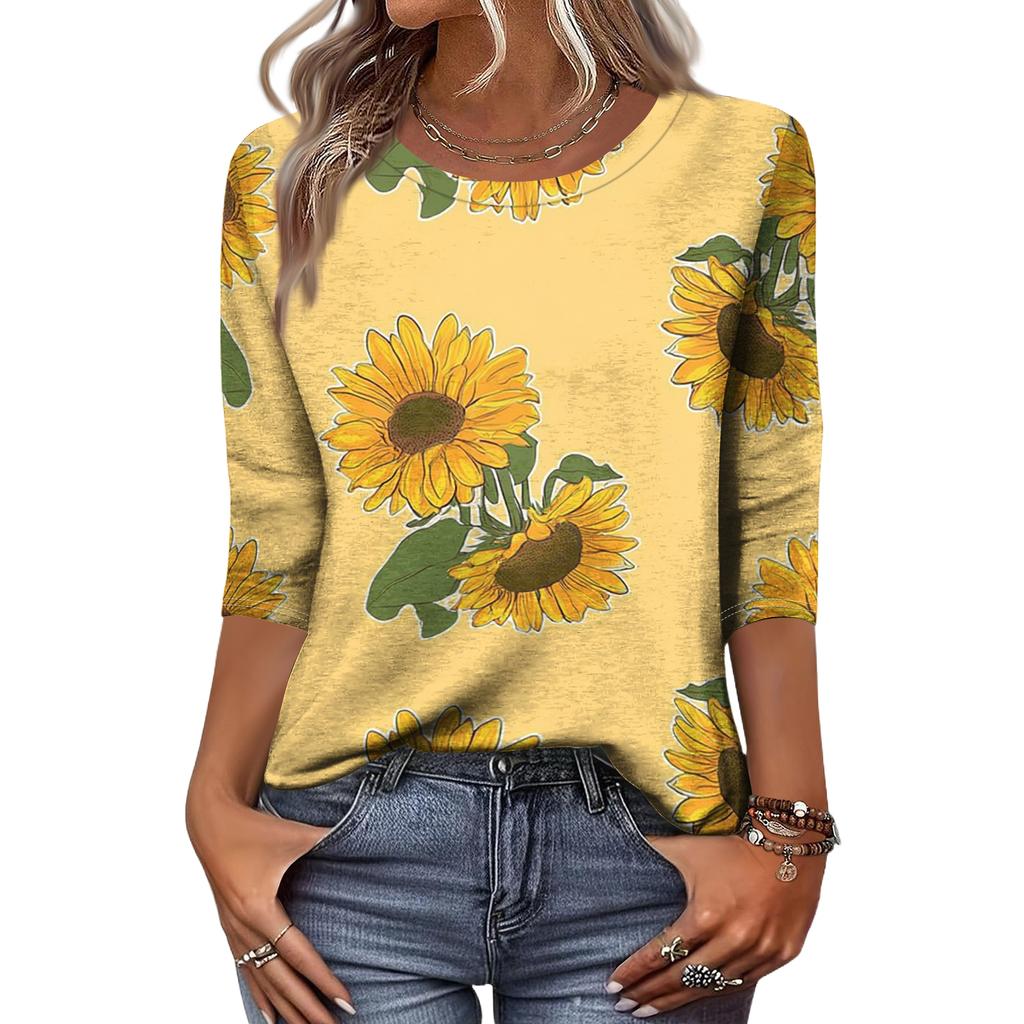 Women's Fashion Casual Round Neck 3/4 Sleeve Loose Printed T-Shirt Ladies Top