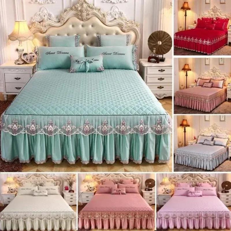 3PCS/Set Home Quarto Têxtil Princesa Renda Colcha Colcha Colcha Poliéster Algodão Luxo Capa de Cama Saias