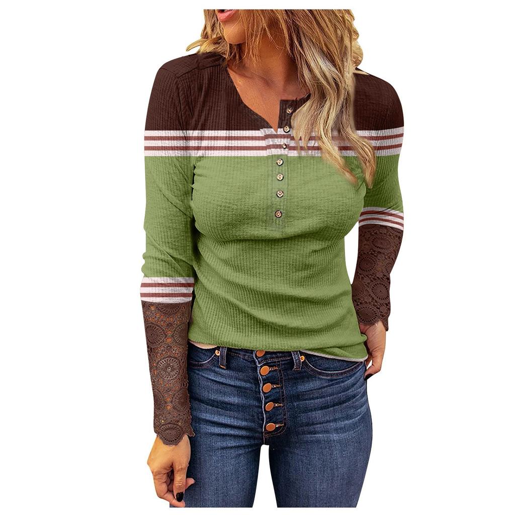 Women Fashion Patchwork Printing Lace Long Sleeve Casual Button Pullover Sweatshirt Top
