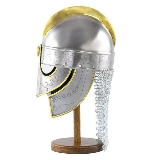 Viking Wolf Armor Helmet Silver Gold  Medieval Metal Knight Helmets With Brass Accents Chainmail  Wearable For Adult