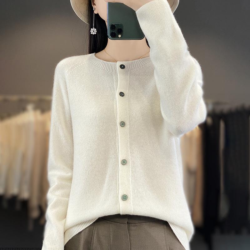 Korean Style Loose Wool Cardigan for Women - 100% Pure Wool, Fine Knit, Round Neck Sweater