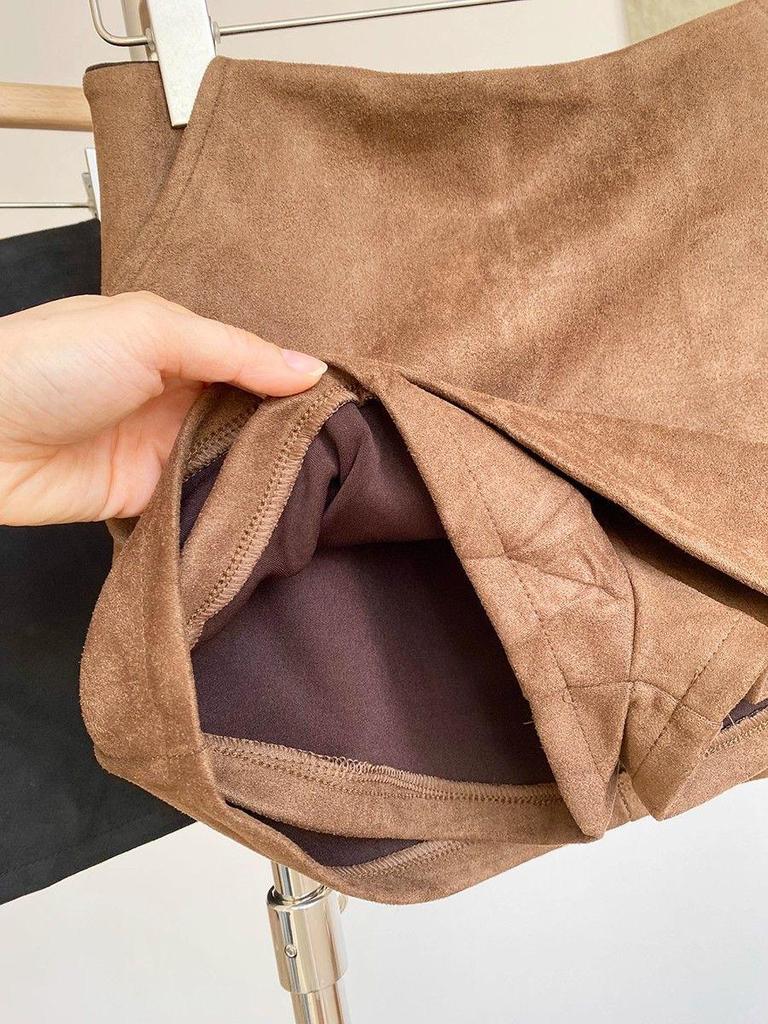 Retro Suede High-Waisted A-Line Mini Skirt Pants - 2025 Autumn/Winter Korean Style