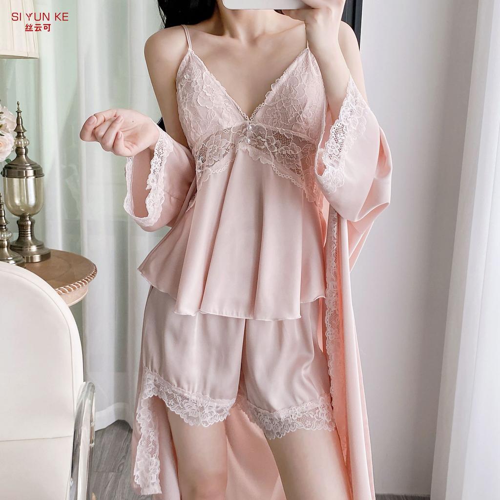 New Ice Silk Pajamas Women's Summer Suspender Nightdress Lace Lace with Chest Pad Pure Desire Style Loungewear Two-piece Set