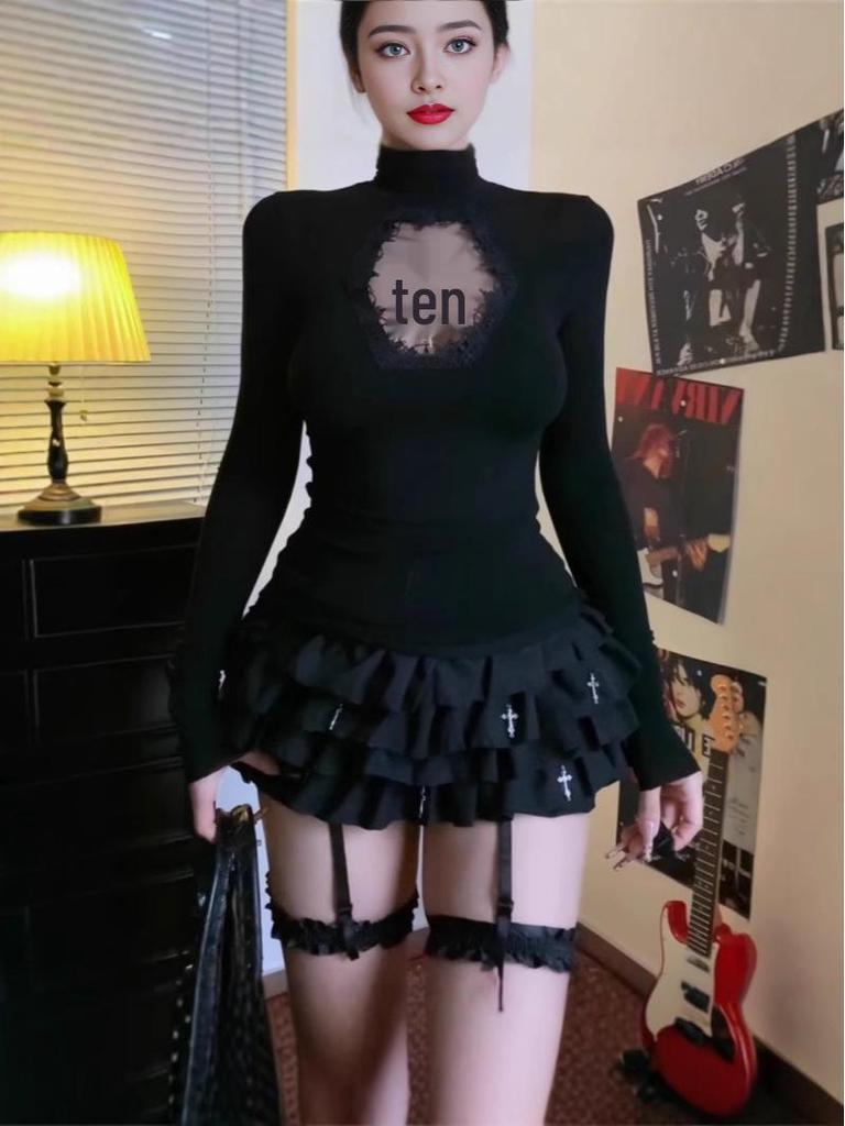 Spicy Gothic Cross Cutout High Neck Transparent Women's Streetwear Top