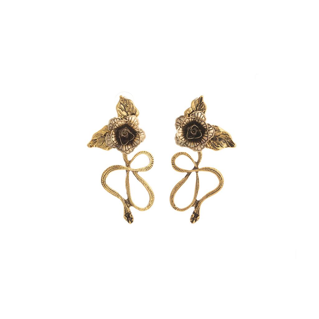 Three-Dimensional Bronze Rose Snake Stud Earrings, Retro High-End Sense Exaggerated Cold Wind Earrings Women