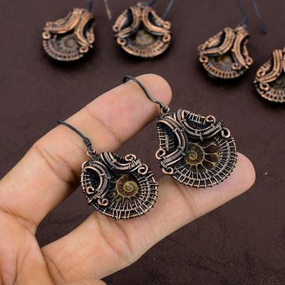 Natural Ammonite Gemstone Handmade Copper Wire Wrap Gift Earring 2.05 N0k31
