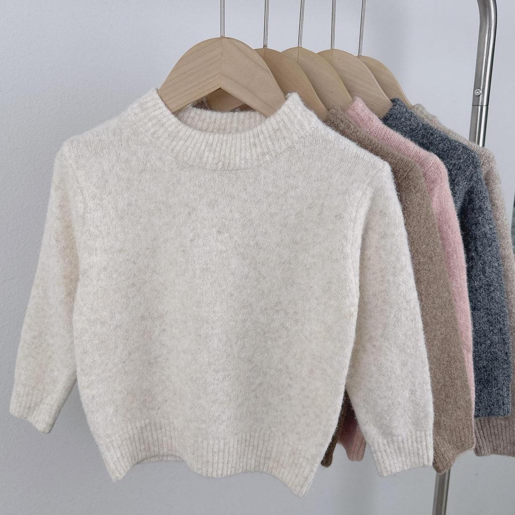 Kids' Round Neck Wool Sweater - Solid Color Knit Pullover for Autumn/Winter
