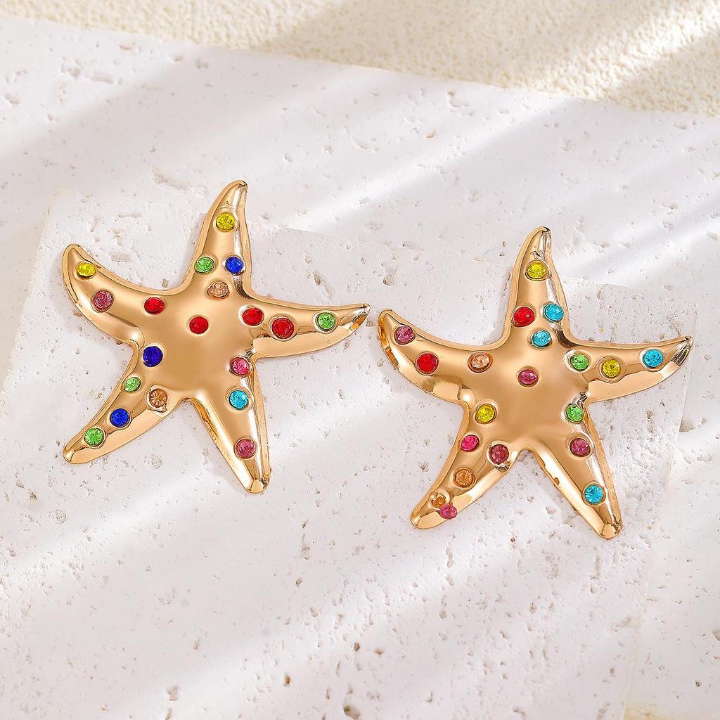 Fashion Versatile High End Personality Sea Star Inlaid Colored Imitation Diamond Design Earrings For Women