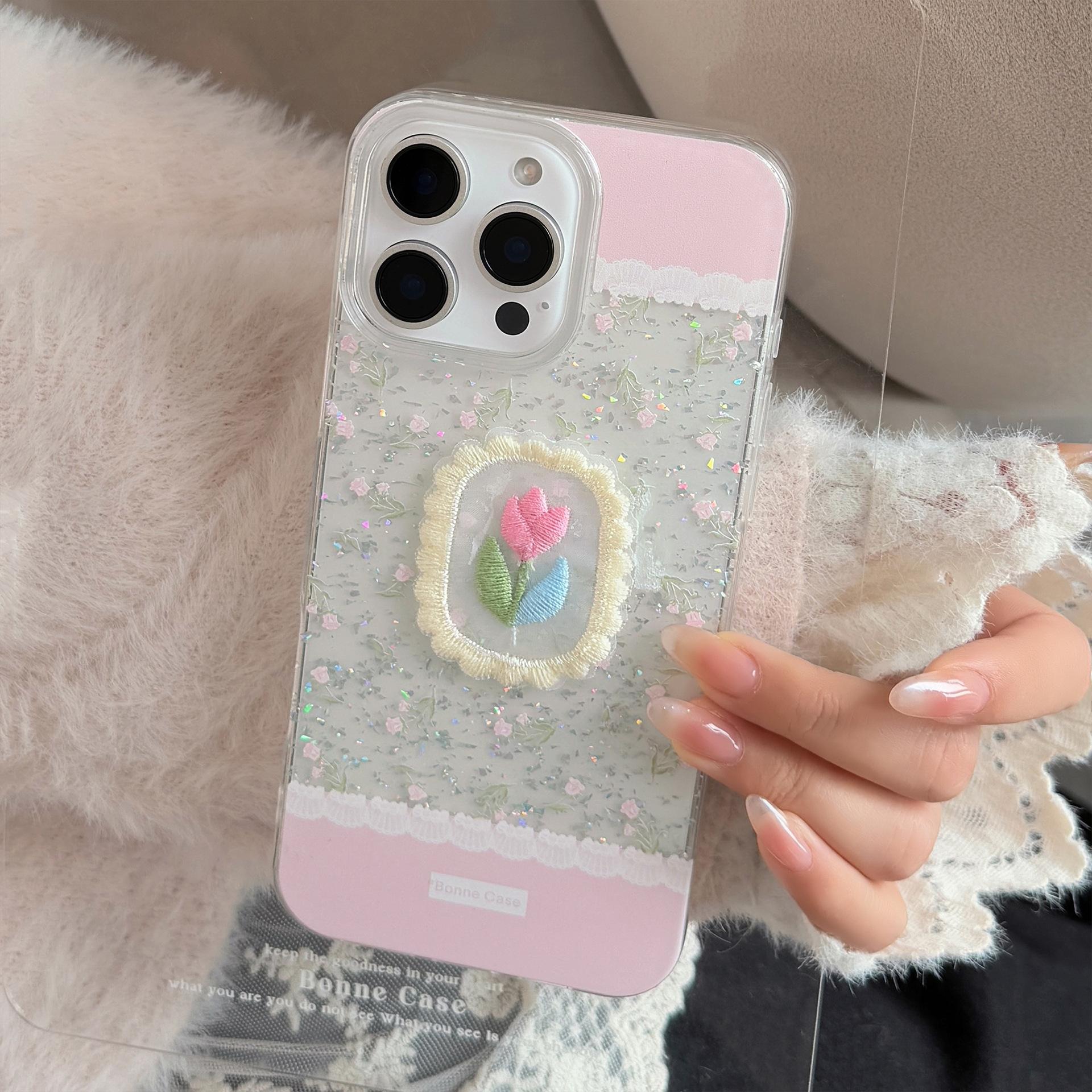 

Pink Flower Embroidery Suitable for Apple 16promax Mobile Phone Case 17 Glitter Powder Iphone14 Art 11 Hanging Chain 13 17promax