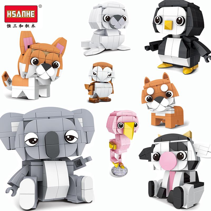Hsanhe Plastic Blocks Animal Model Corgi Dog Building Assembly Toys Flamingo Educational Coala Children Gifts for Kids
