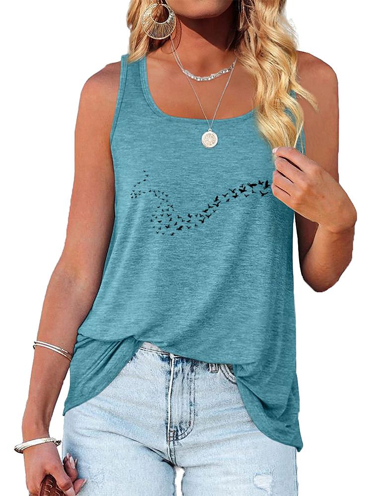 Women Fashion Print Sleeveless Top Summer Casual Round Collar T-shirt Pullover Loose Ladies Tank Top