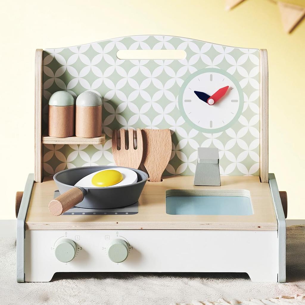 Wooden Pretend Kitchen Mini with and Safe Paint for Pretend Fudge Smart-i Set, 6-Piece Kitchen, Compact, Tabletop, Stove, Sink, Clock, Play,