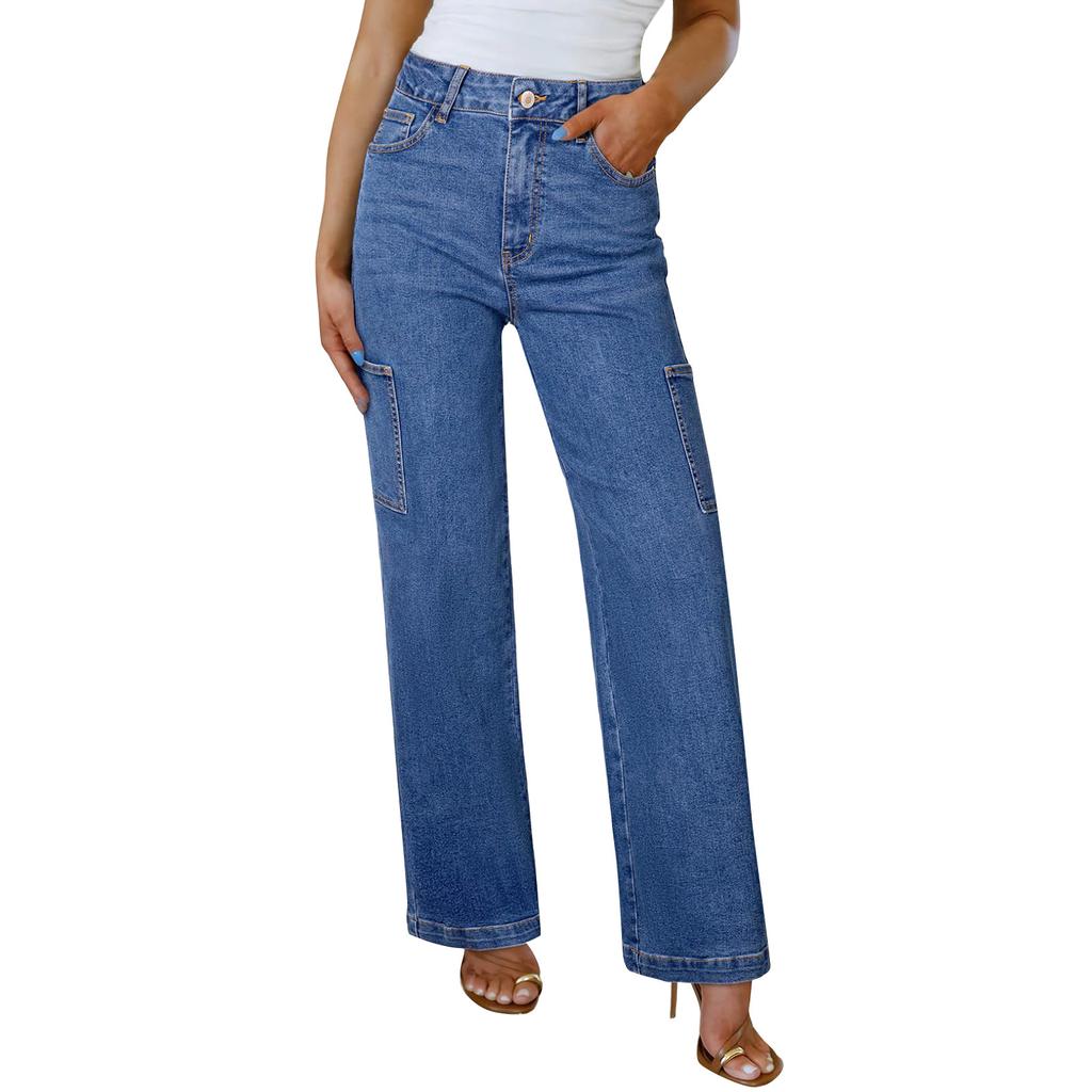 Women's High-Rise Cargo Jeans With 6 Pockets Straight-Leg Wide-Leg Casual Loose Fit Jeans