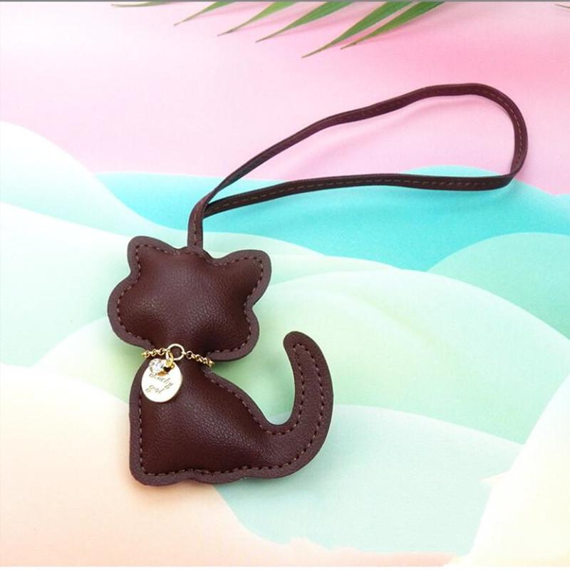 Fashion PU Leather Cat Pendant Keychain Cute Animal Keyring Women Bag Charm Handbag Hanging Decoration For Girl Gifts