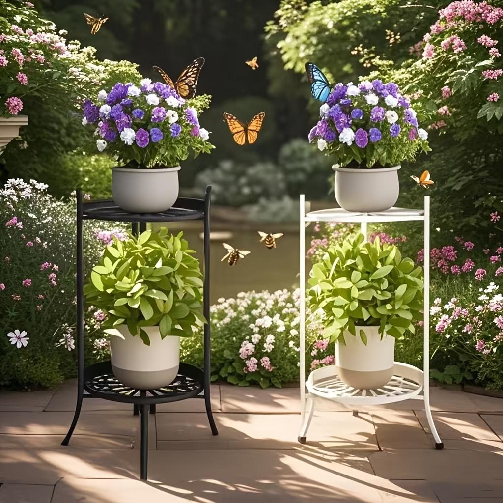 2-stöckiger Metall-Pflanzenständer 19,69 Zoll hoch, Mehrzweck-Blumentopf-Ausstellungsregal für drinnen/draußen, Schwarz/Weiß moderner Stil, robust, einfache Montage