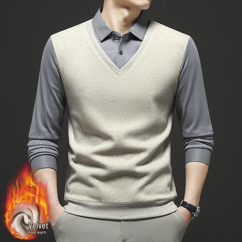 Men s Plus Velvet Faux Layered Striped Lapel T-shirt - Autumn/Winter Warmth L