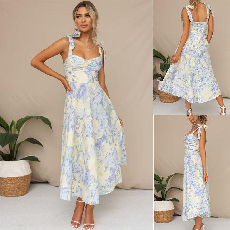 

Fashion Wind New Arrival Fashion Printed V-neck Open Back Sling Dress Slips Printed Sexy Dress Blue M