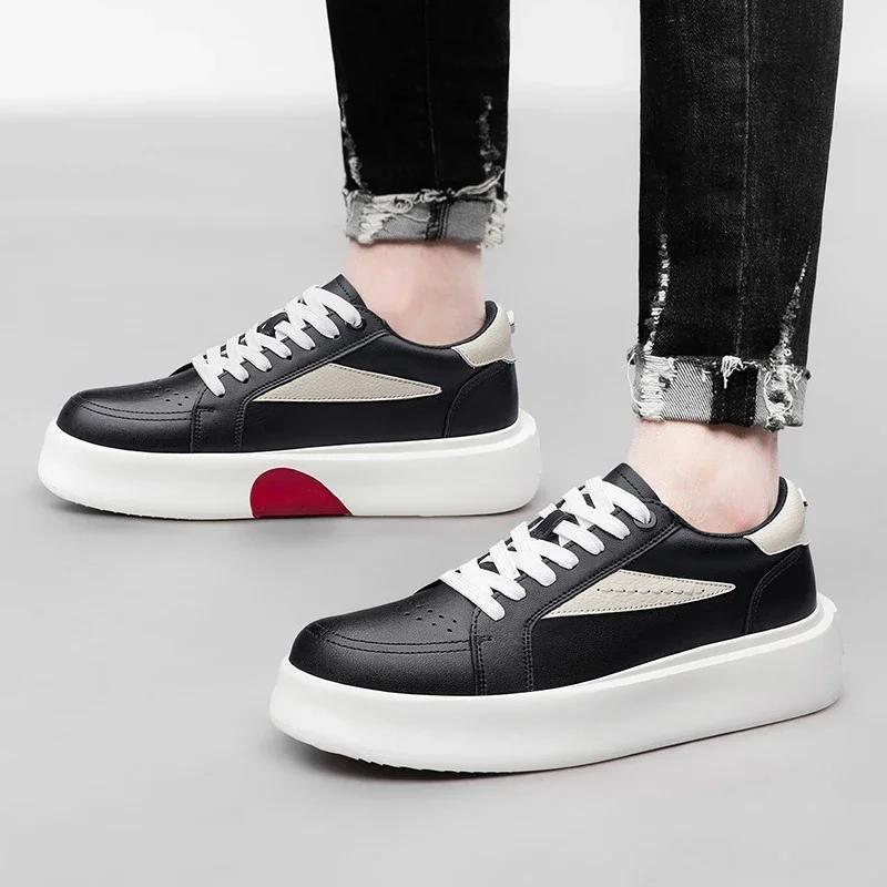 Fashion Casual Leather Vulcanized Shoes British Genuine Leather Thick Bottom Board Shoes Fashion Designer Flats New Trendy Walking Shoes