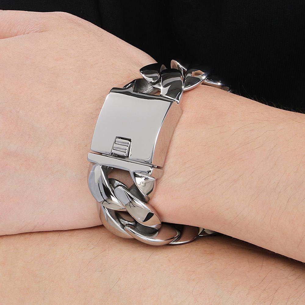 Massives Herrenarmband für Männer, polierter Edelstahl, 29 mm, Panzerkette mit kubanischer Gliederkette, Herrenarmbänder, Armband, Schmuckzubehör