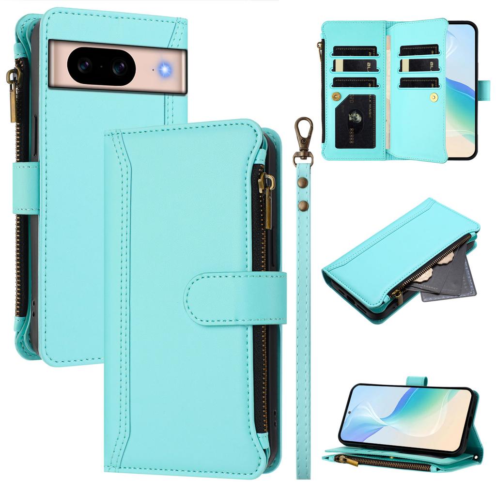 For Google Pixel 8a Leather Case 9 Card Slots Zipper Wallet Stand Phone Cover with Wrist Strap