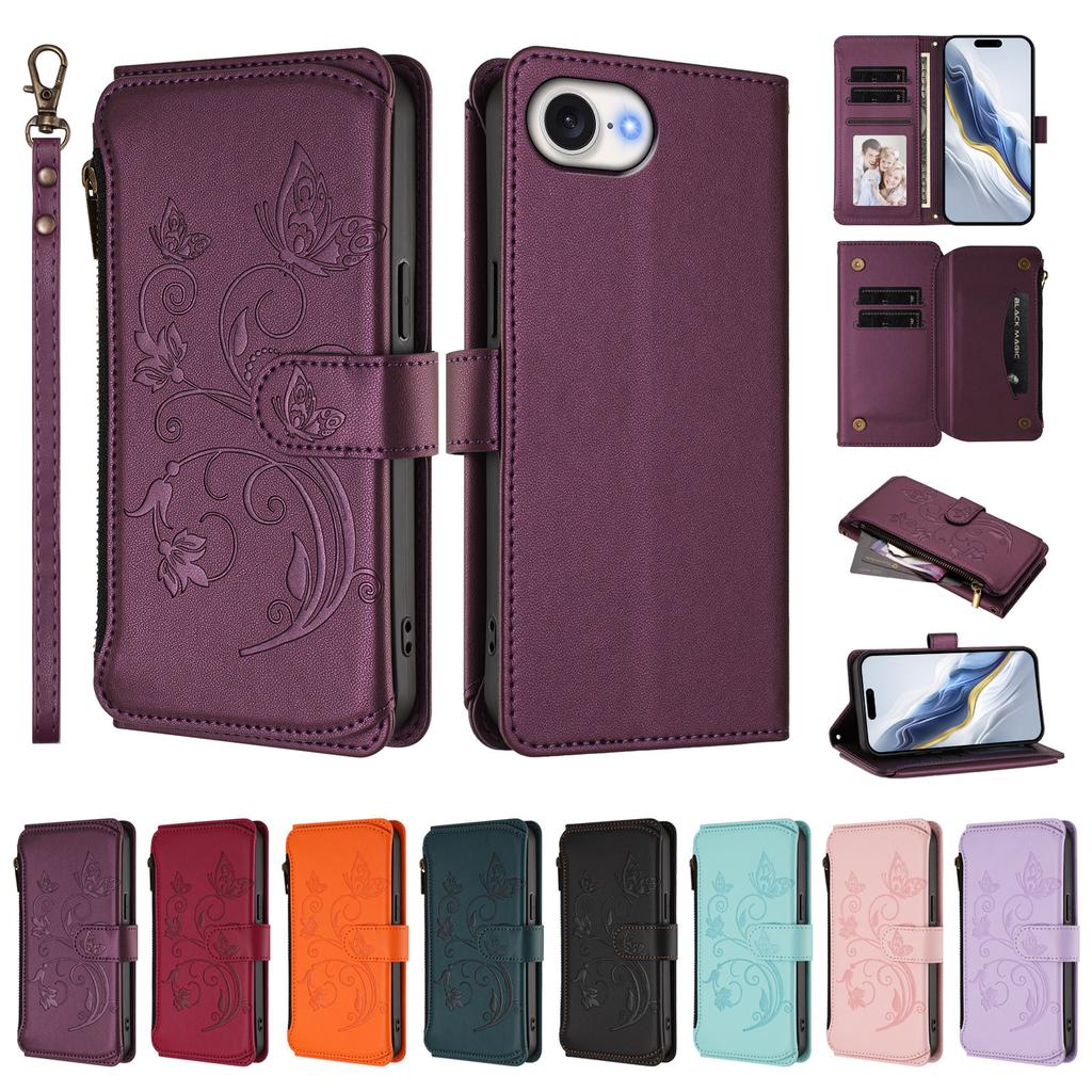For iPhone 16e Leather Case Butterfly Floral Imprint Zipper Wallet Stand Cover with Wrist Strap