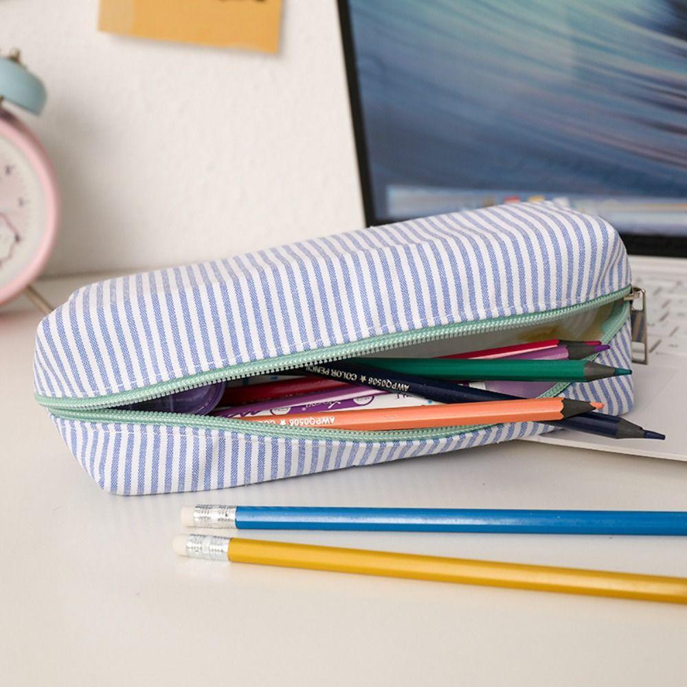 Stripe Design Pen Bag Seersucker Pen Pouch Simple Stationery Organizer  Back to School