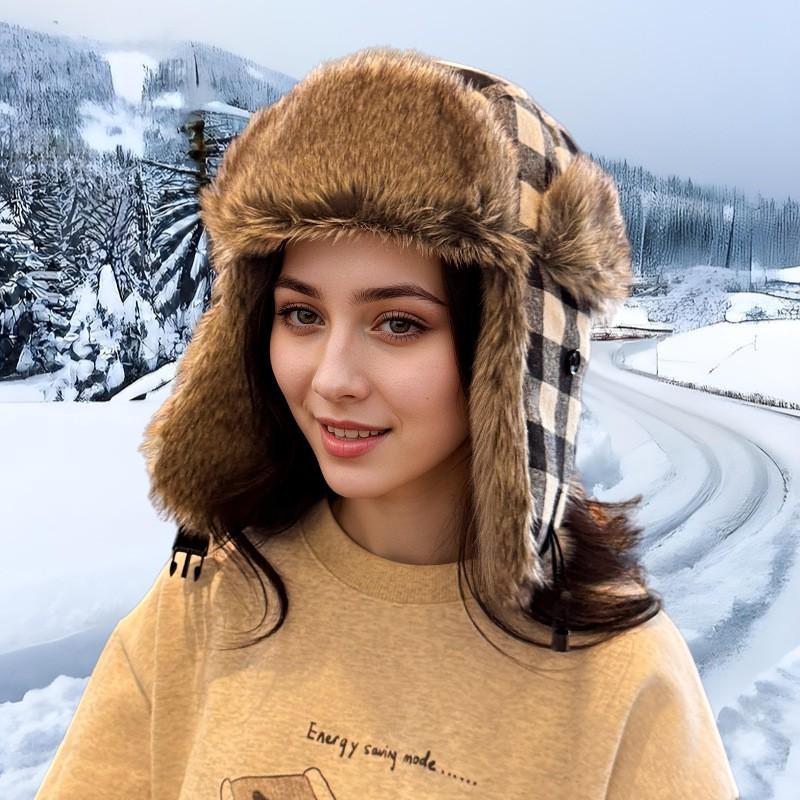 Winter Warm Fleece Lined Cotton Plaid Beanie Hat Men Women Outdoor Cold Weather Ear Protection