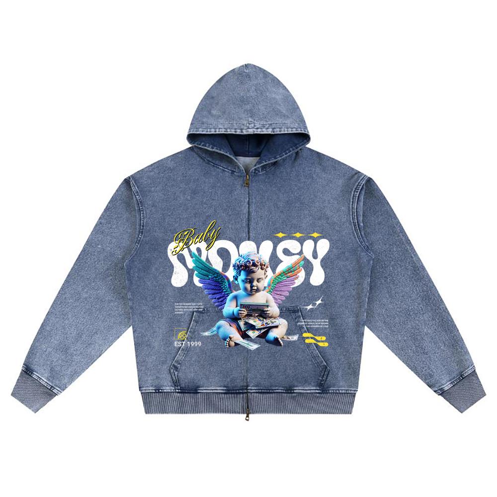 DTG Print Knitted Denim Zip-Up Hoodie Baby Money Brother Print Zipper Hoodies