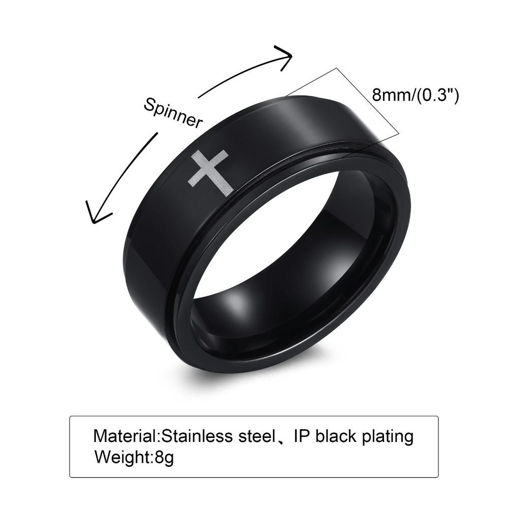 Stainless Steel Laser Engraved Rotating Cross Ring Black Mens Ring