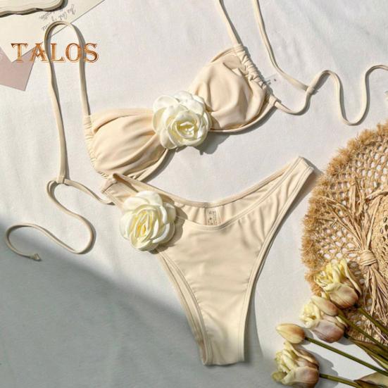 2Pcs/Set Mulheres Bikini Set Suspensórios Ajustáveis Costas Abertas 3D Decoração de Flores Sutiã Secagem Rápida Cuecas Conjunto Beachwear