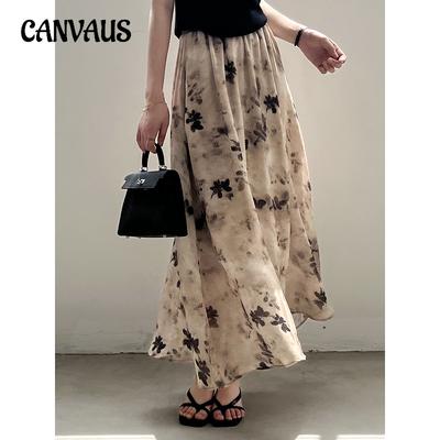 Jupe d'été pour femme, style chinois vintage, imprimé halo d'encre, demi-corps, taille élastique, longue